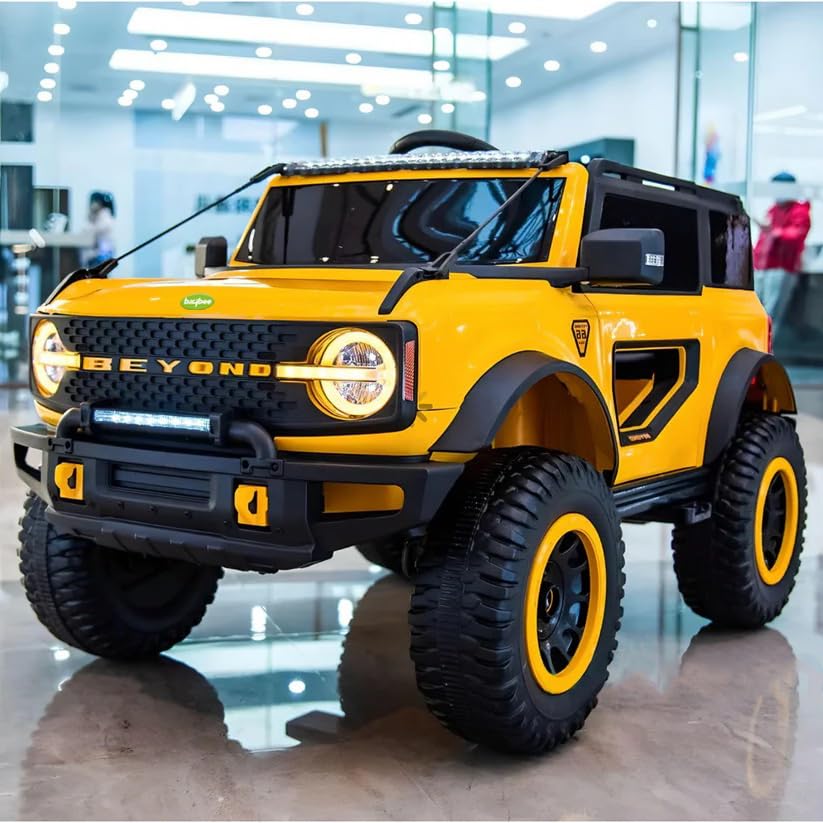 toy car with realiU Smile Toys sleek white battery operated jeep for kids, a large ride-on stic design, featuring bright LED headlights, a roof light bar, built-in music, durable tires with white rims, and robust suspension, ideal for www.usmile.toys